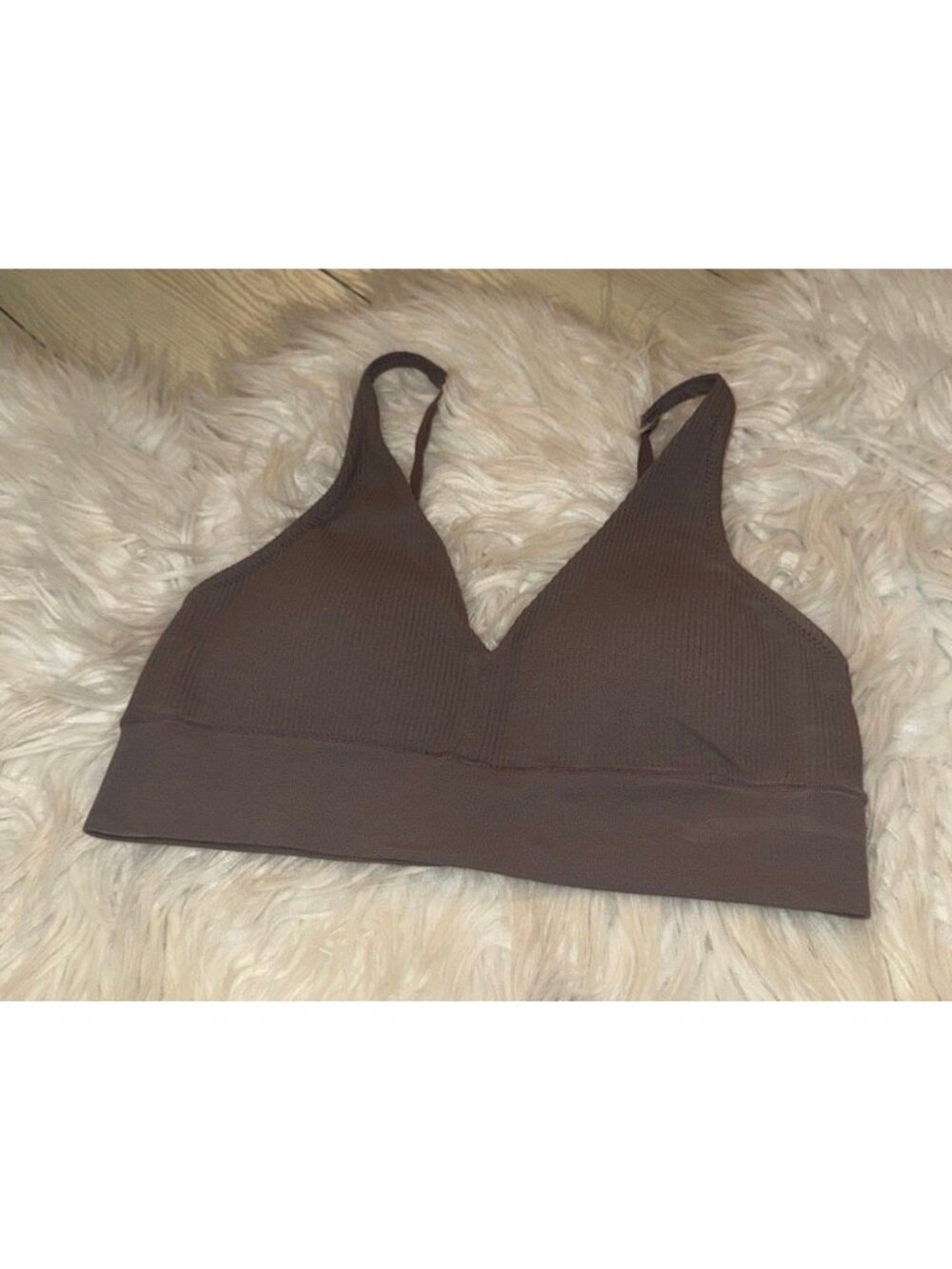 Jockey Ribbed V‑Neck Molded Cup Bra Wire Free Pullover Womens S Small Brown